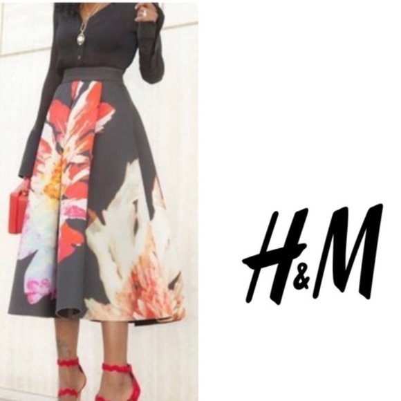 ISO Not for Sale - H&M Scuba Flower Midi Maxi Skirt Black Red Orange 4 6 - Picture 1 of 2